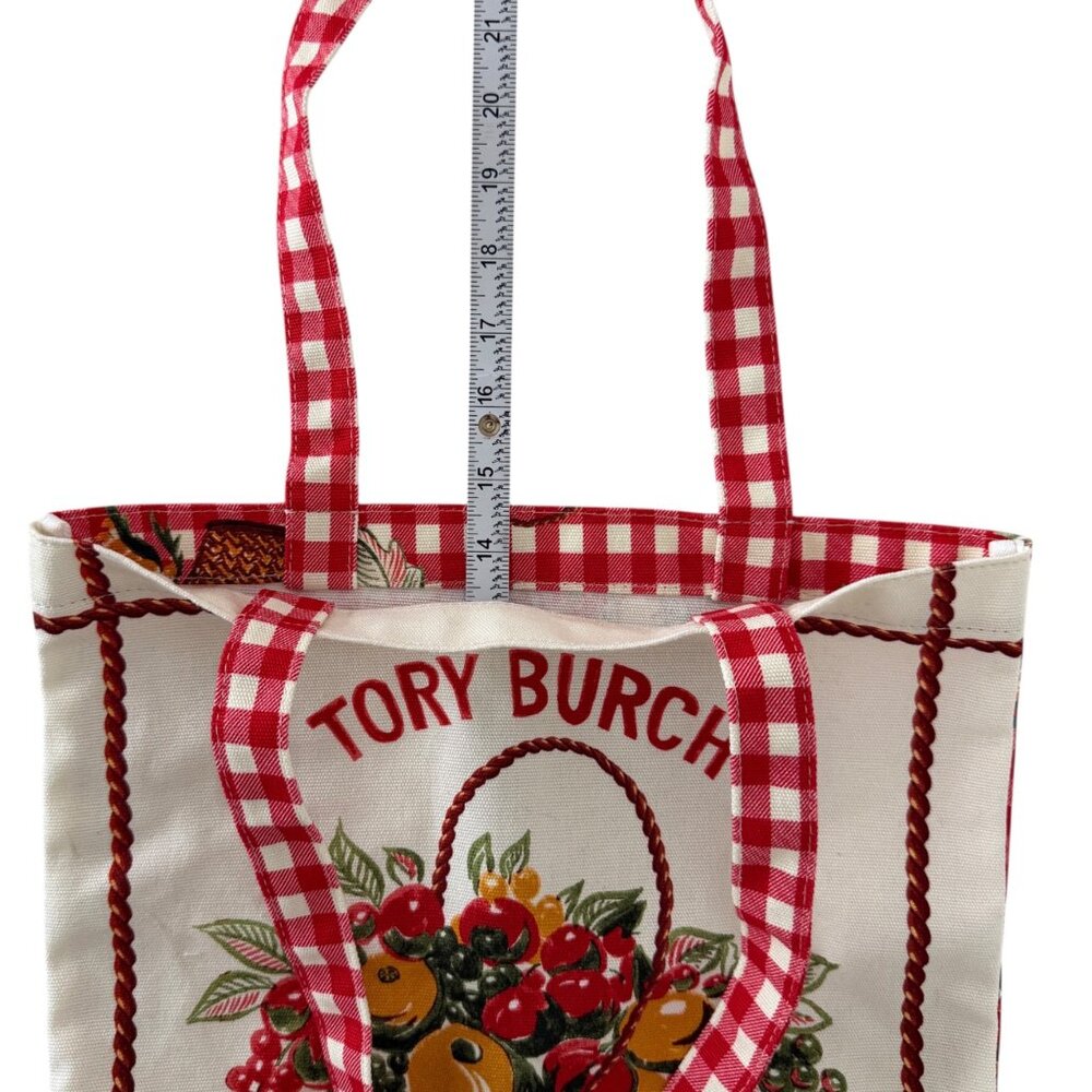 Tory Burch Red Fruits de Marche Plaid Gingham Market Tote Shopping Canvas Bag - Picture 15 of 16